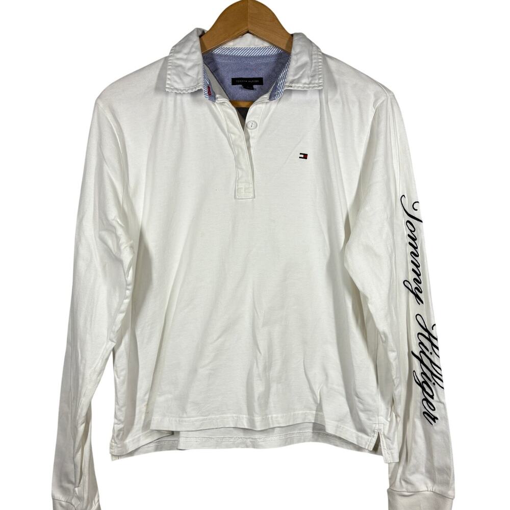 Tommy Hilfiger EMbroidered Spellout Polo Long Sleeve White Casual - M
